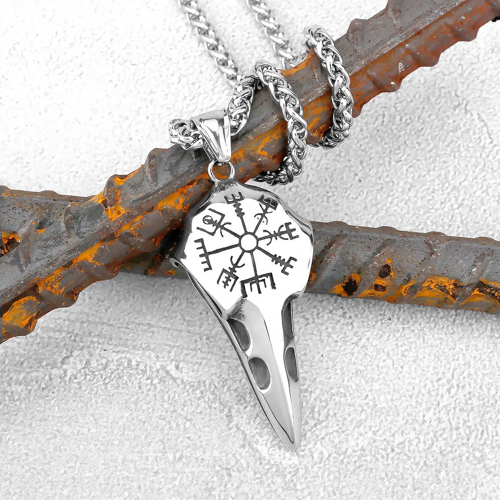 Nordic Odin Crow Skull Pendant Necklace Gothic Stainless Steel Raven Skull  Compass Rune Necklace for Men Punk Jewelry Wholesale
