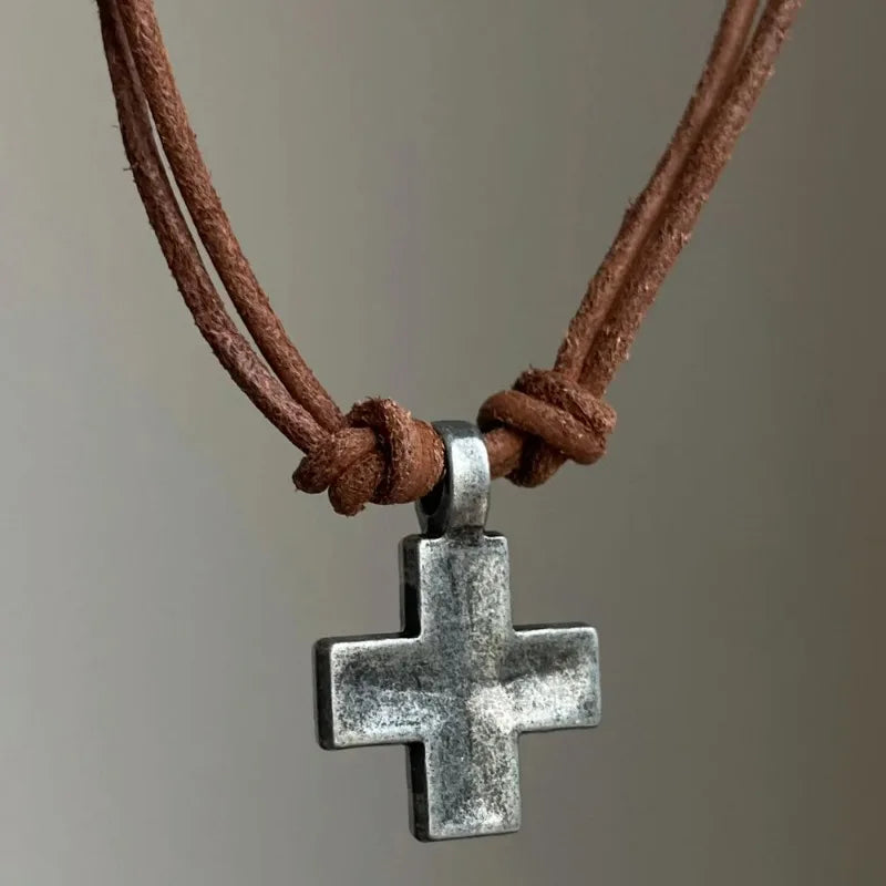 1/2Pcs Fashion PU Leather Rope Cross Necklace Adjustable Long Choker Collar Pendant Necklace Women Men Metal Hangings Necklace